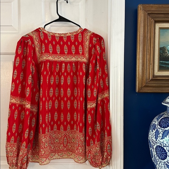 Women Rose & Olive Vibrant Red Patterned Boho V Neck Balloon Sleeve Top Size L - Picture 6 of 7